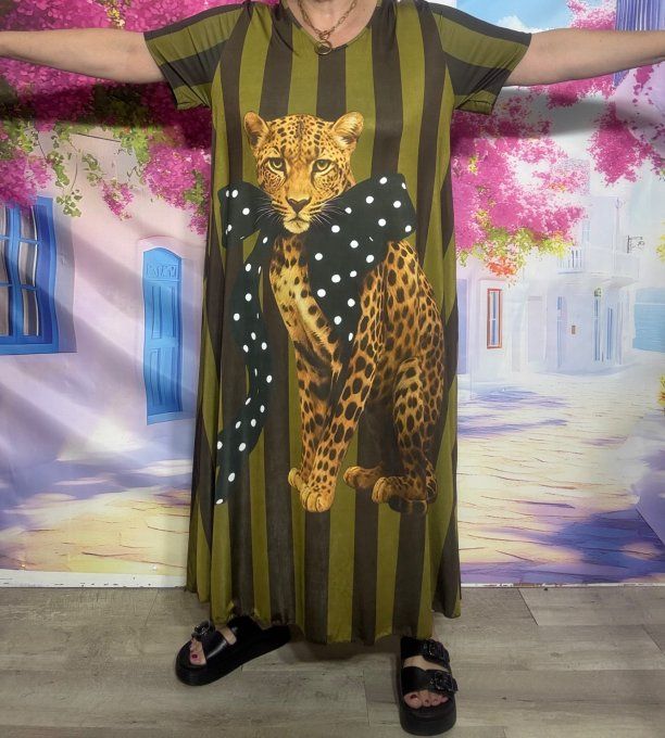 Robe longue trapèze rayée Olive et chocolat Le Tigre au noeud à pois du 40 au 52 