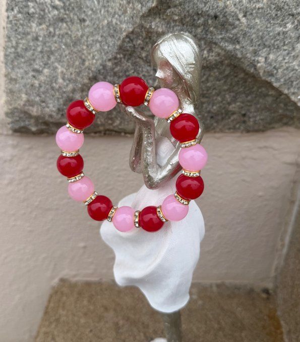 Bracelet ARTISANAL UNIQUE extensible rose poudré et rouge apprêts strass dorés TOUTES TAILLES