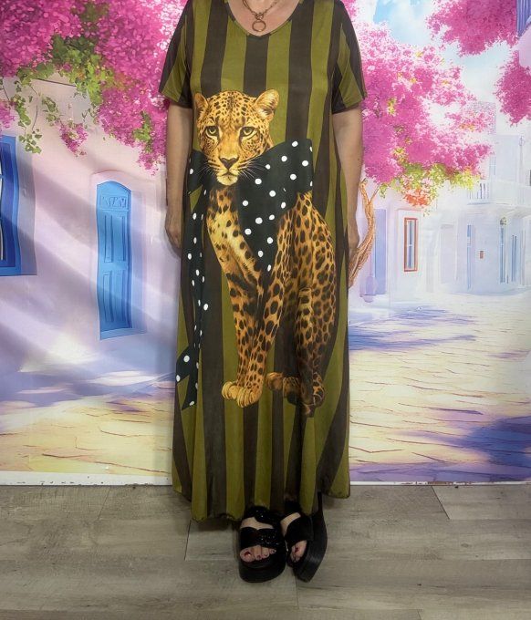 Robe longue trapèze rayée Olive et chocolat Le Tigre au noeud à pois du 40 au 52 