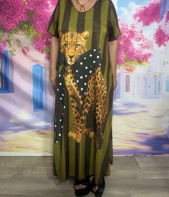 Robe longue trapèze rayée Olive et chocolat Le Tigre au noeud à pois du 40 au 52 