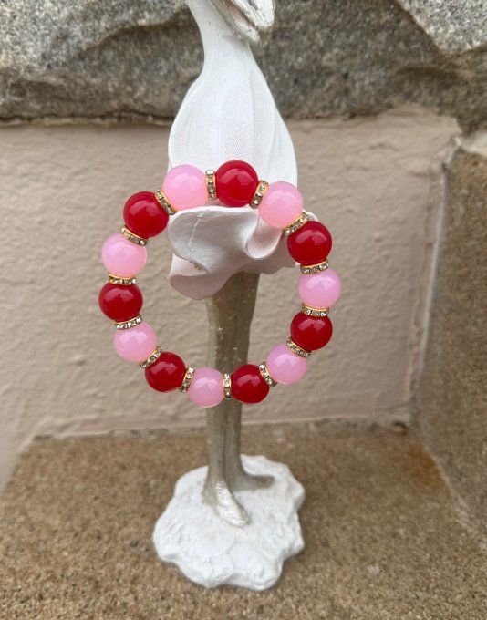 Bracelet ARTISANAL UNIQUE extensible rose poudré et rouge apprêts strass dorés TOUTES TAILLES