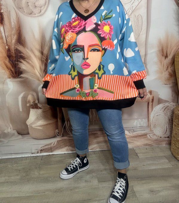 Sweat ciel orange rayé blanc manches longues Frida Kahlo revisitée du 40 au 52/54