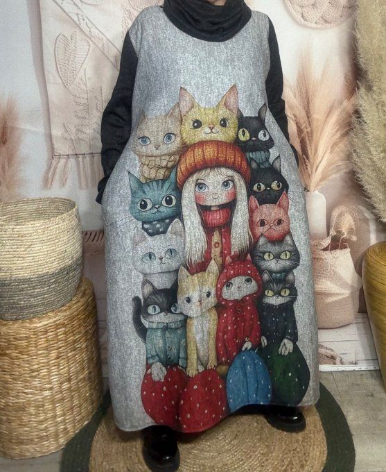 Robe longue trapèze chinée La Fillette aux Chats + tour de cou assorti du 40 au 50 
