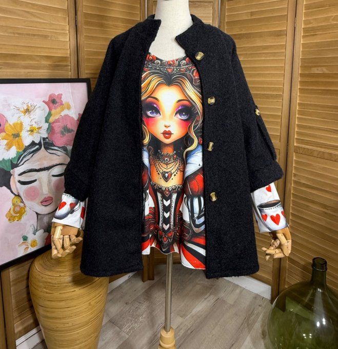 Manteau court manches raglan bouclette noire du 40 au 52/54 et même +  