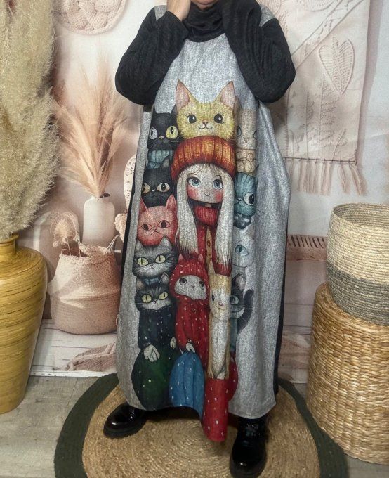 Robe longue trapèze chinée La Fillette aux Chats + tour de cou assorti du 40 au 50 