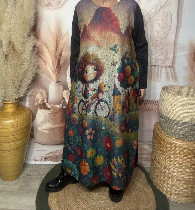 Robe longue trapèze chinée La Fillette et son petit chien + tour de cou assorti du 40 au 50 