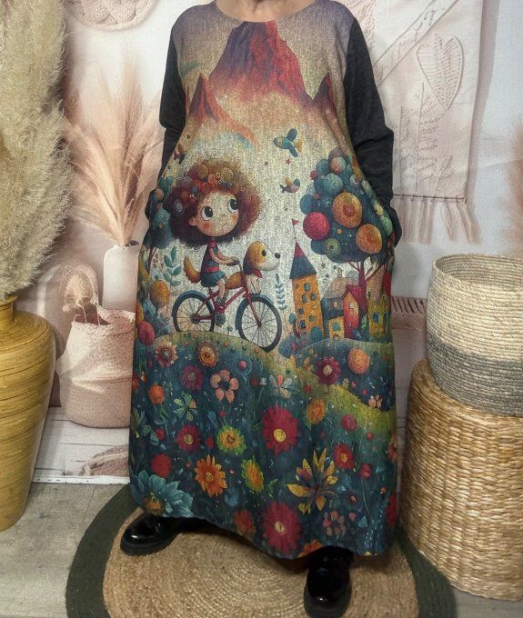 Robe longue trapèze chinée La Fillette et son petit chien + tour de cou assorti du 40 au 50 