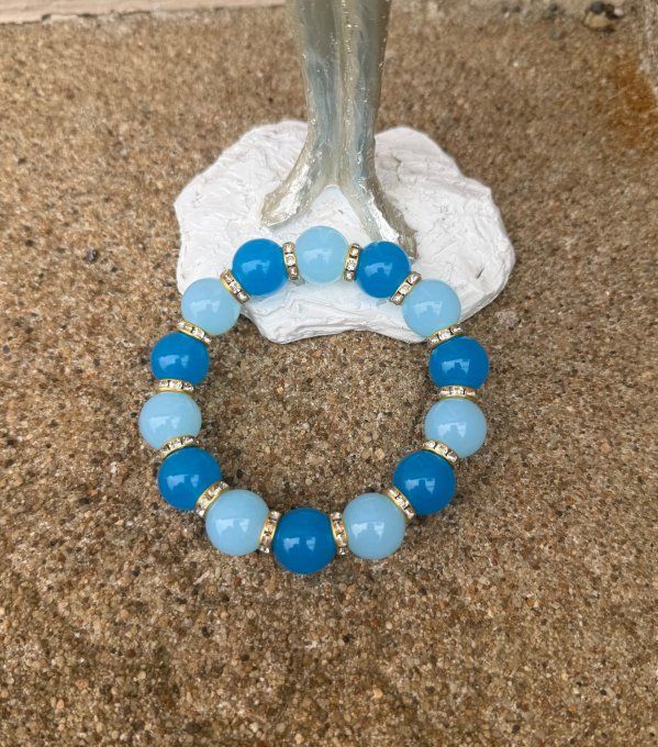 Bracelet ARTISANAL UNIQUE extensible bleu royal et bleu ciel apprêts strass dorés TOUTES TAILLES