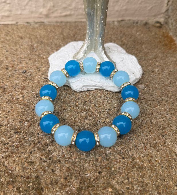 Bracelet ARTISANAL UNIQUE extensible bleu royal et bleu ciel apprêts strass dorés TOUTES TAILLES