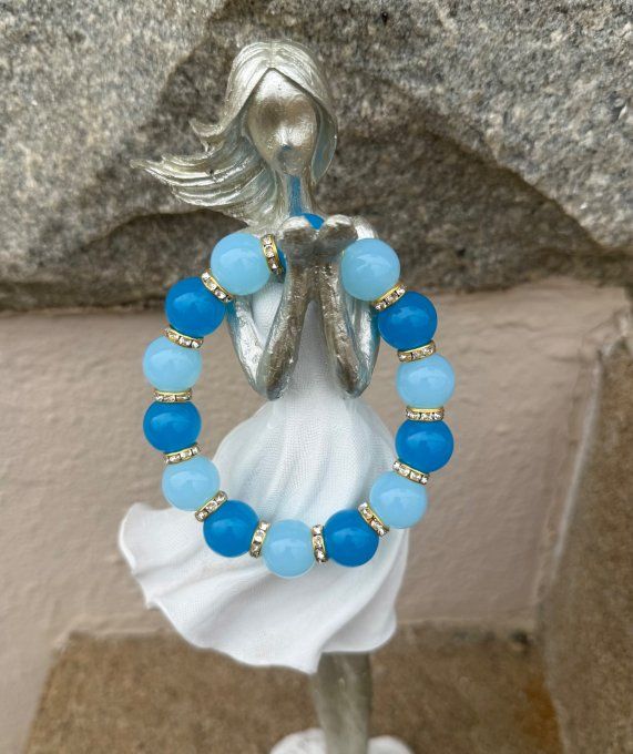 Bracelet ARTISANAL UNIQUE extensible bleu royal et bleu ciel apprêts strass dorés TOUTES TAILLES
