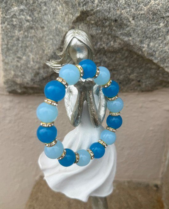 Bracelet ARTISANAL UNIQUE extensible bleu royal et bleu ciel apprêts strass dorés TOUTES TAILLES