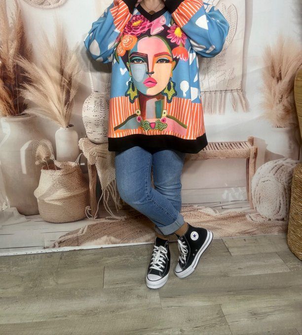 Sweat ciel orange rayé blanc manches longues Frida Kahlo revisitée du 40 au 52/54