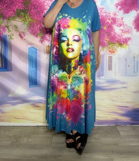 Robe longue trapèze bleu jeans Marylin Monroe Pop Colors du 40 au 52 