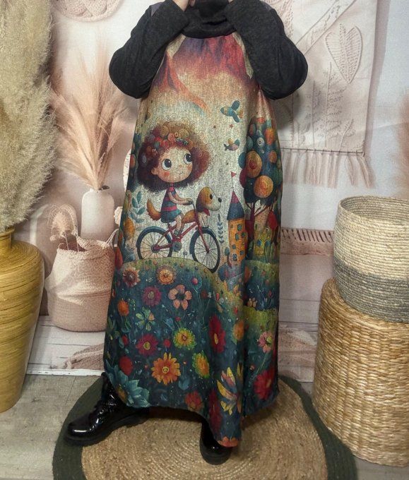 Robe longue trapèze chinée La Fillette et son petit chien + tour de cou assorti du 40 au 50 