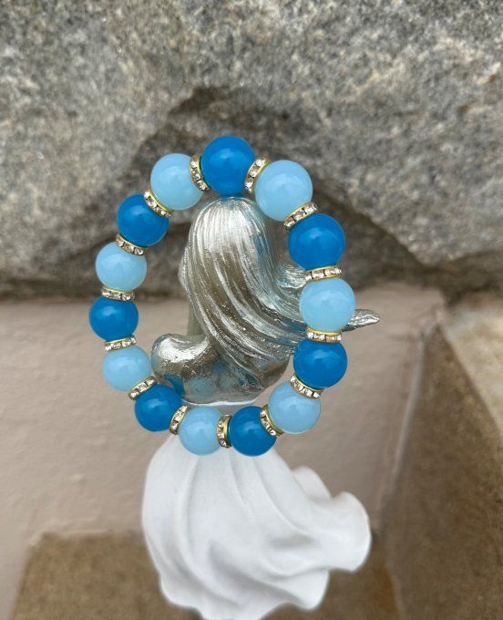 Bracelet ARTISANAL UNIQUE extensible bleu royal et bleu ciel apprêts strass dorés TOUTES TAILLES