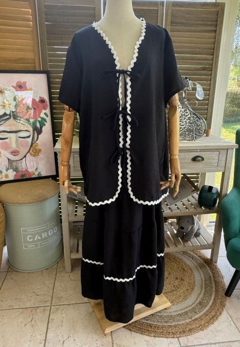Ensemble noir jupe longue ample + blouse effet lin croquet blanc du 42 au 48/50
