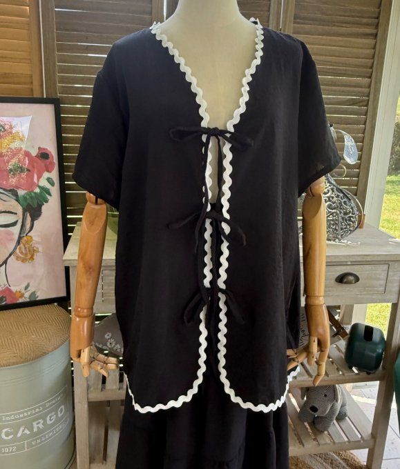 Ensemble noir jupe longue ample + blouse effet lin croquet blanc du 42 au 48/50
