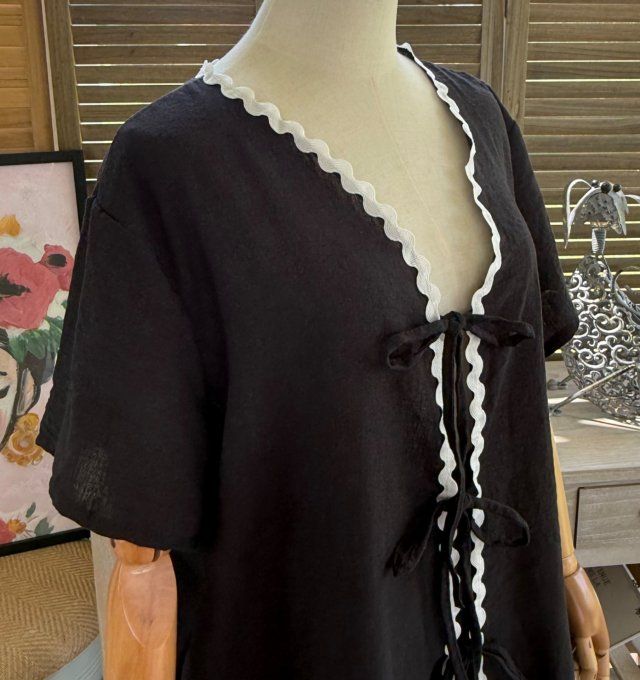 Ensemble noir jupe longue ample + blouse effet lin croquet blanc du 42 au 48/50