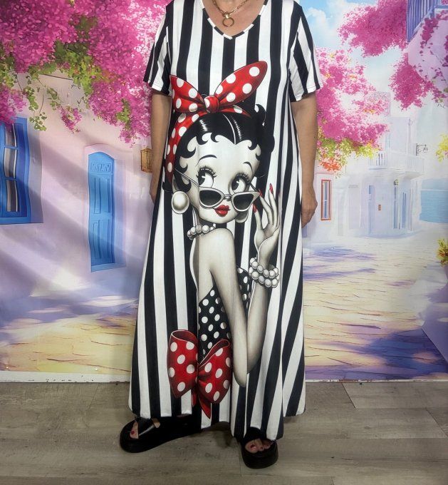 Robe longue trapèze rayée noir et blanc Betty Boop Pin up rétro chic du 40 au 52