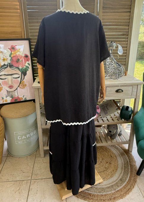 Ensemble noir jupe longue ample + blouse effet lin croquet blanc du 42 au 48/50