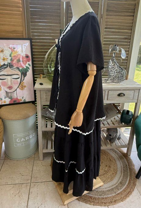 Ensemble noir jupe longue ample + blouse effet lin croquet blanc du 42 au 48/50