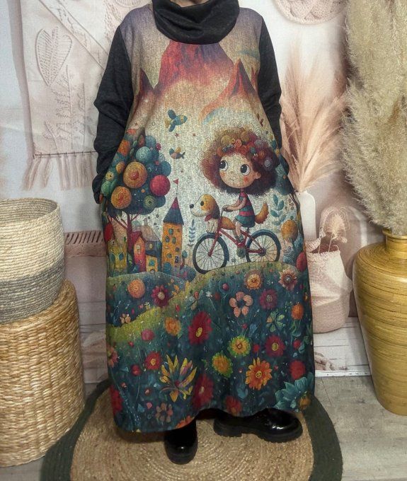 Robe longue trapèze chinée La Fillette et son petit chien + tour de cou assorti du 40 au 50 