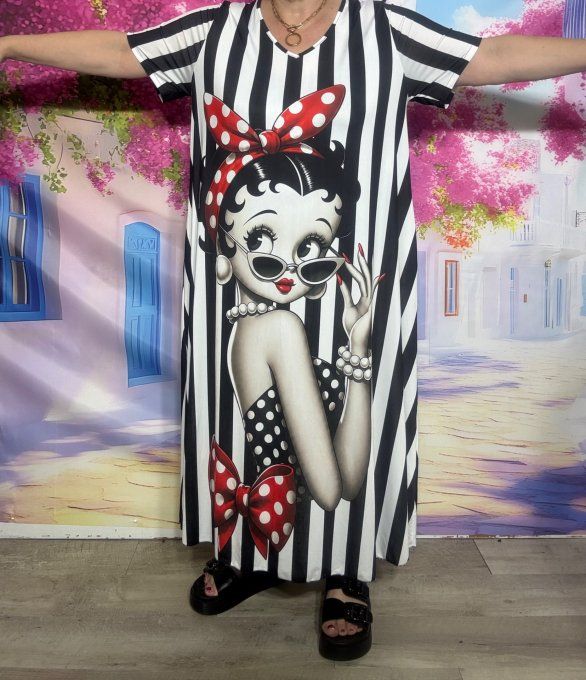 Robe longue trapèze rayée noir et blanc Betty Boop Pin up rétro chic du 40 au 52