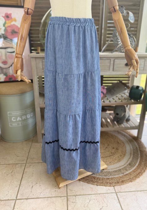 Ensemble bleu jeans chiné  jupe longue ample + blouse effet lin croquet noir du 42 au 48/50