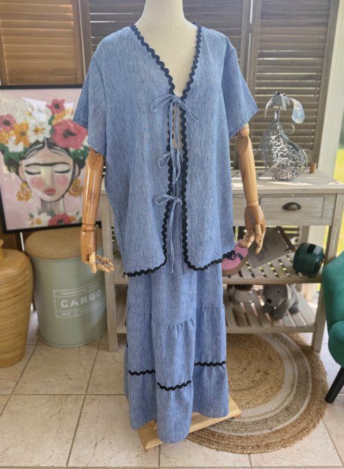 Ensemble bleu jeans chiné  jupe longue ample + blouse effet lin croquet noir du 42 au 48/50