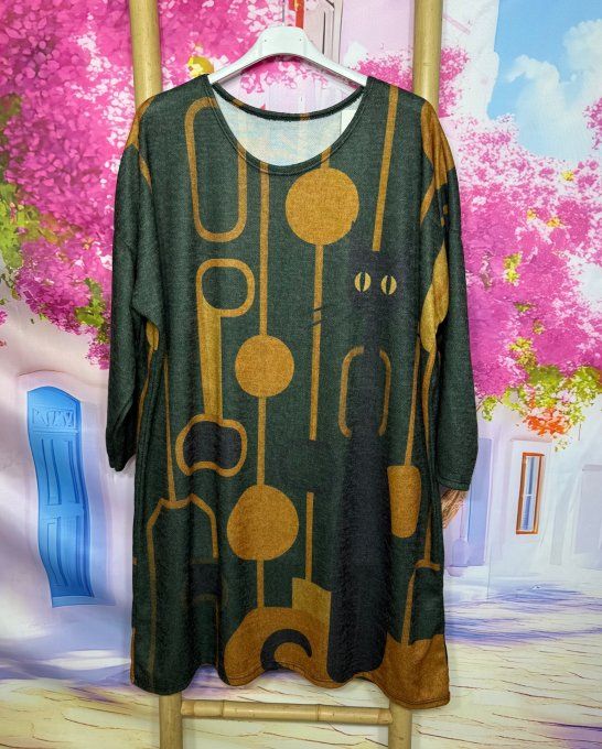Robe courte ou Maxi-tunique + Tour de cou Kaki Chats noirs 60's Douceur +++ du 40 au 50