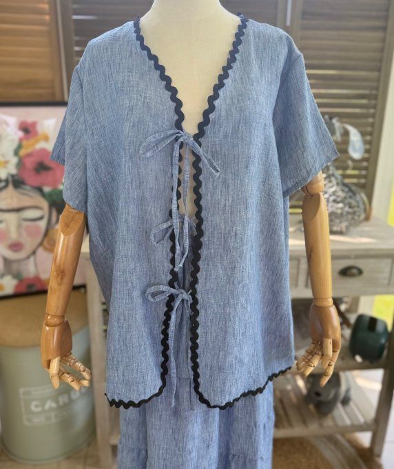 Ensemble bleu jeans chiné  jupe longue ample + blouse effet lin croquet noir du 42 au 48/50