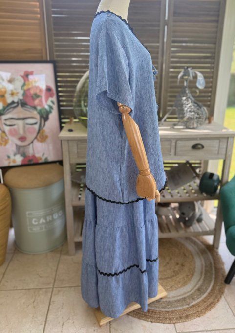 Ensemble bleu jeans chiné  jupe longue ample + blouse effet lin croquet noir du 42 au 48/50