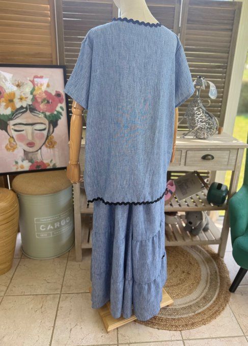 Ensemble bleu jeans chiné  jupe longue ample + blouse effet lin croquet noir du 42 au 48/50