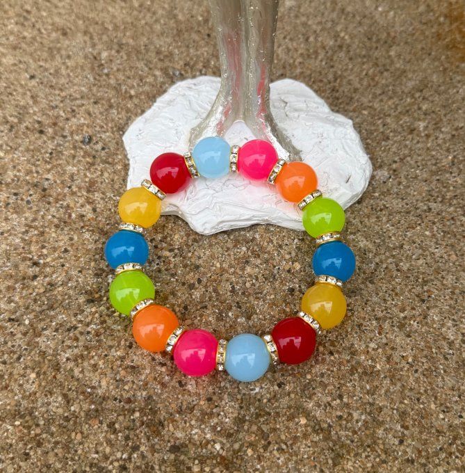 Bracelet ARTISANAL N°1 extensible perles multicolores apprêts strass dorés TOUTES TAILLES 
