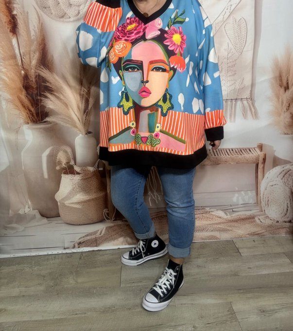 Sweat ciel orange rayé blanc manches longues Frida Kahlo revisitée du 40 au 52/54