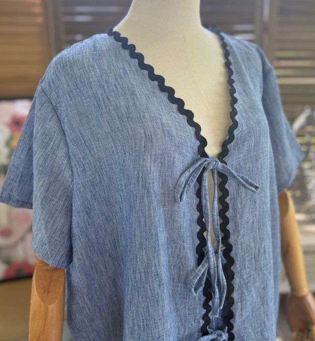 Ensemble bleu jeans chiné  jupe longue ample + blouse effet lin croquet noir du 42 au 48/50
