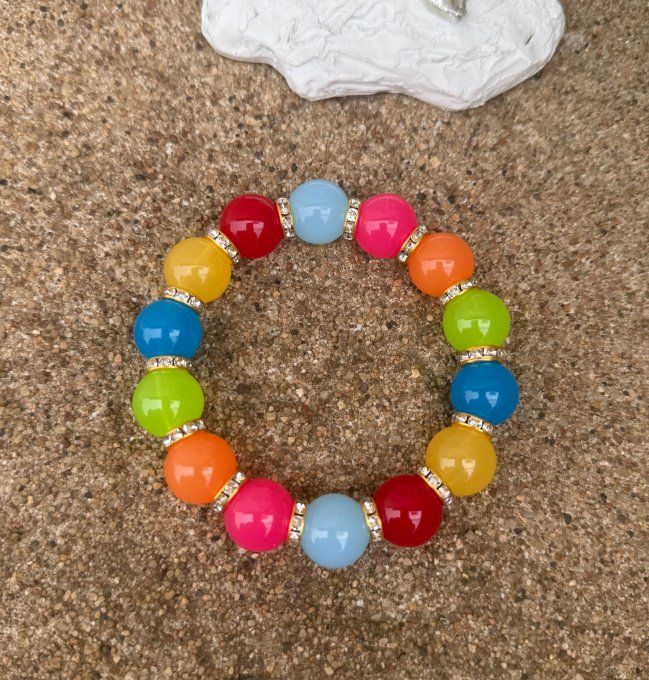 Bracelet ARTISANAL N°1 extensible perles multicolores apprêts strass dorés TOUTES TAILLES 