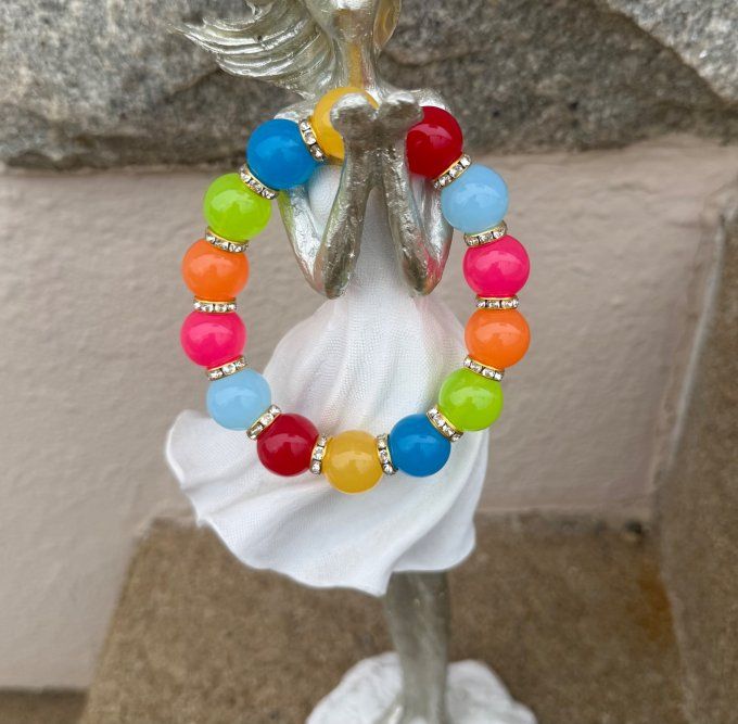 Bracelet ARTISANAL N°1 extensible perles multicolores apprêts strass dorés TOUTES TAILLES 