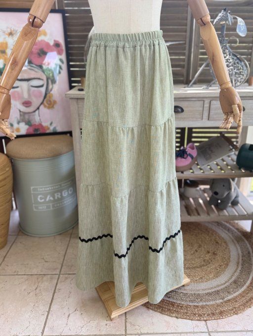 Ensemble kaki clair jupe longue ample + blouse effet lin croquet noir du 42 au 48/50