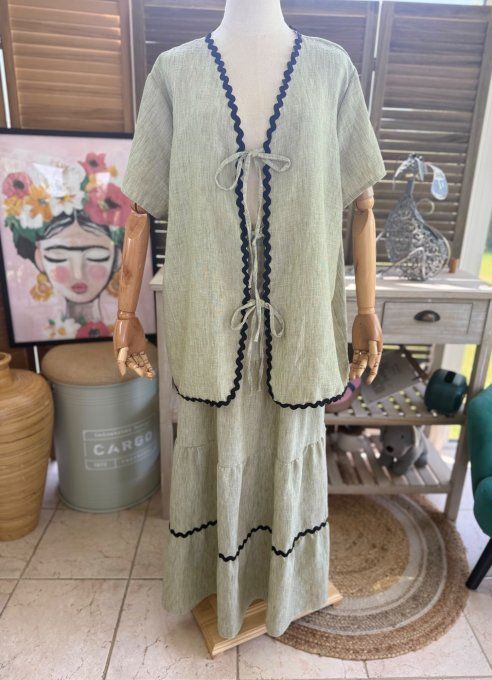 Ensemble kaki clair jupe longue ample + blouse effet lin croquet noir du 42 au 48/50