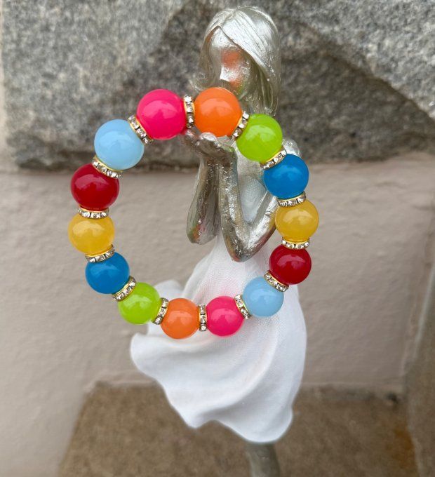Bracelet ARTISANAL N°1 extensible perles multicolores apprêts strass dorés TOUTES TAILLES 