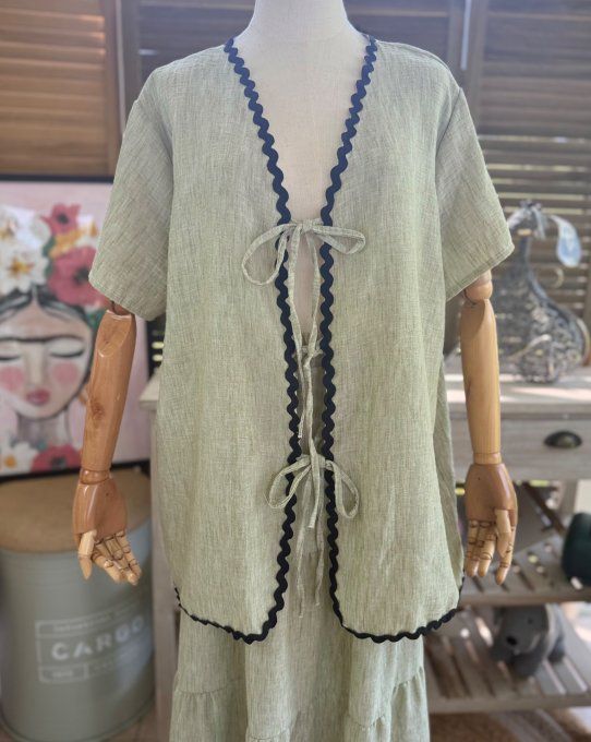 Ensemble kaki clair jupe longue ample + blouse effet lin croquet noir du 42 au 48/50