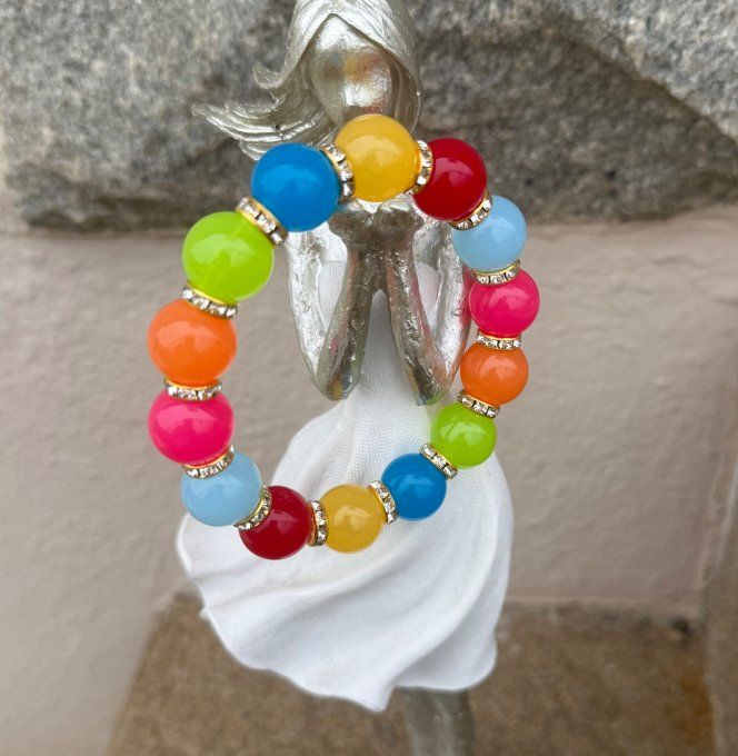Bracelet ARTISANAL N°1 extensible perles multicolores apprêts strass dorés TOUTES TAILLES 