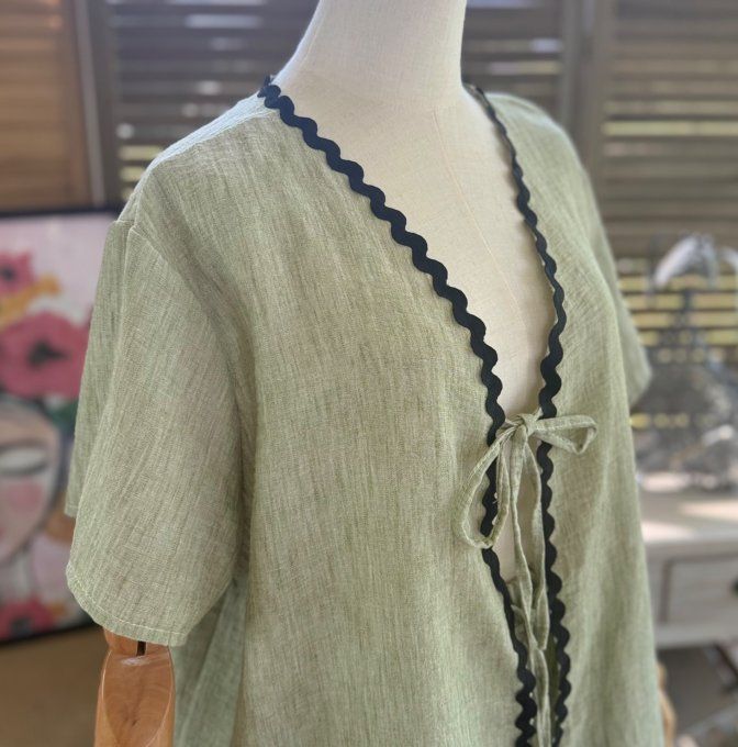 Ensemble kaki clair jupe longue ample + blouse effet lin croquet noir du 42 au 48/50