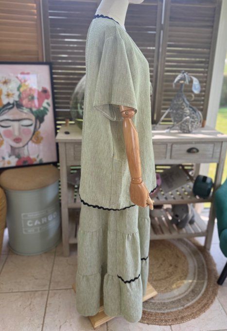 Ensemble kaki clair jupe longue ample + blouse effet lin croquet noir du 42 au 48/50