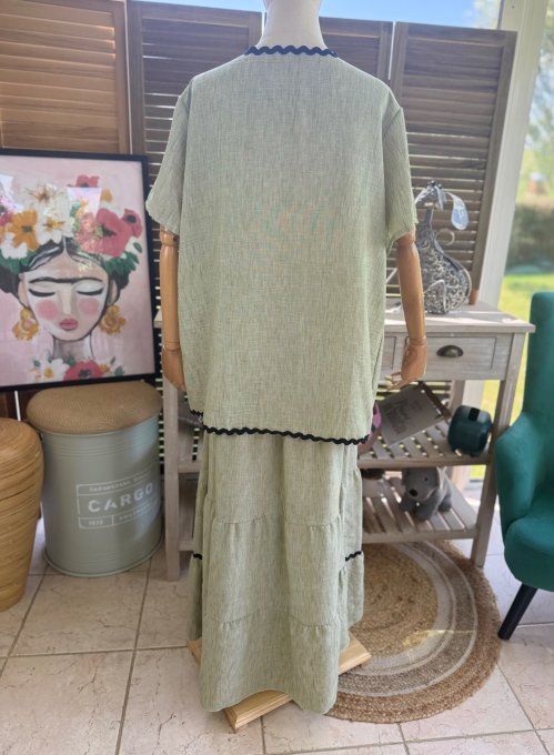 Ensemble kaki clair jupe longue ample + blouse effet lin croquet noir du 42 au 48/50