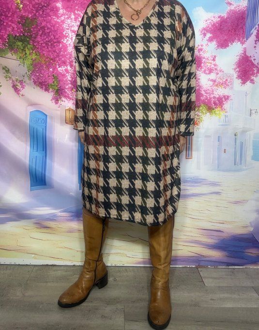 Robe courte ou Maxi-tunique beige chiné + Tour de cou Pieds de Coq Kaki Noir Douceur +++ du 40 au 50