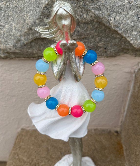 Bracelet ARTISANAL N°2 extensible perles multicolores apprêts strass dorés TOUTES TAILLES 