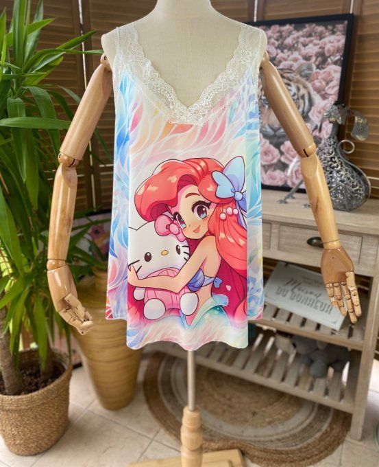 Caraco Débardeur Top trapèze satiné mat & dentelle Sirène Ariel et Kitty du 40 au 52  