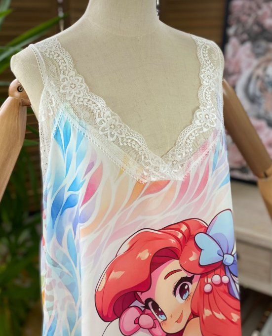 Caraco Débardeur Top trapèze satiné mat & dentelle Sirène Ariel et Kitty du 40 au 52  